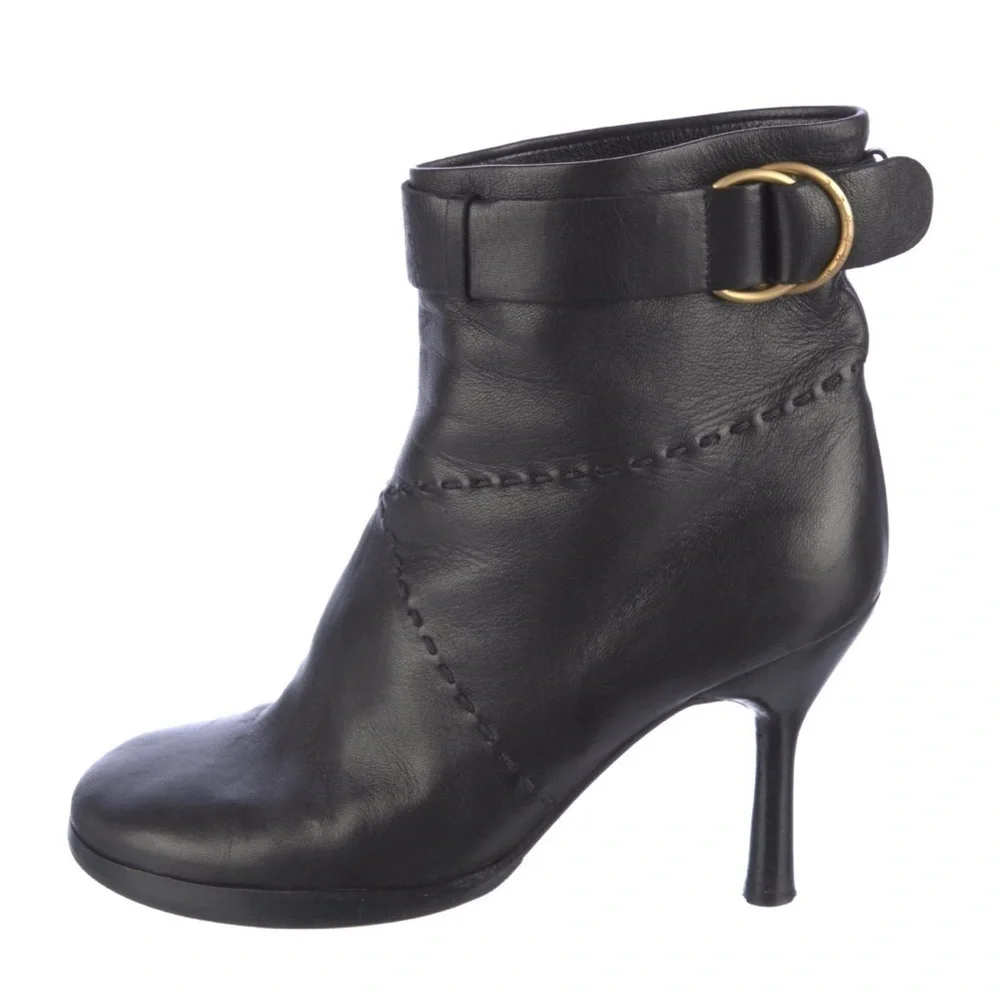 Chanel Black Ankle Boots Heels 38.5 Booties CC Interlocking Logo Leather Vintage